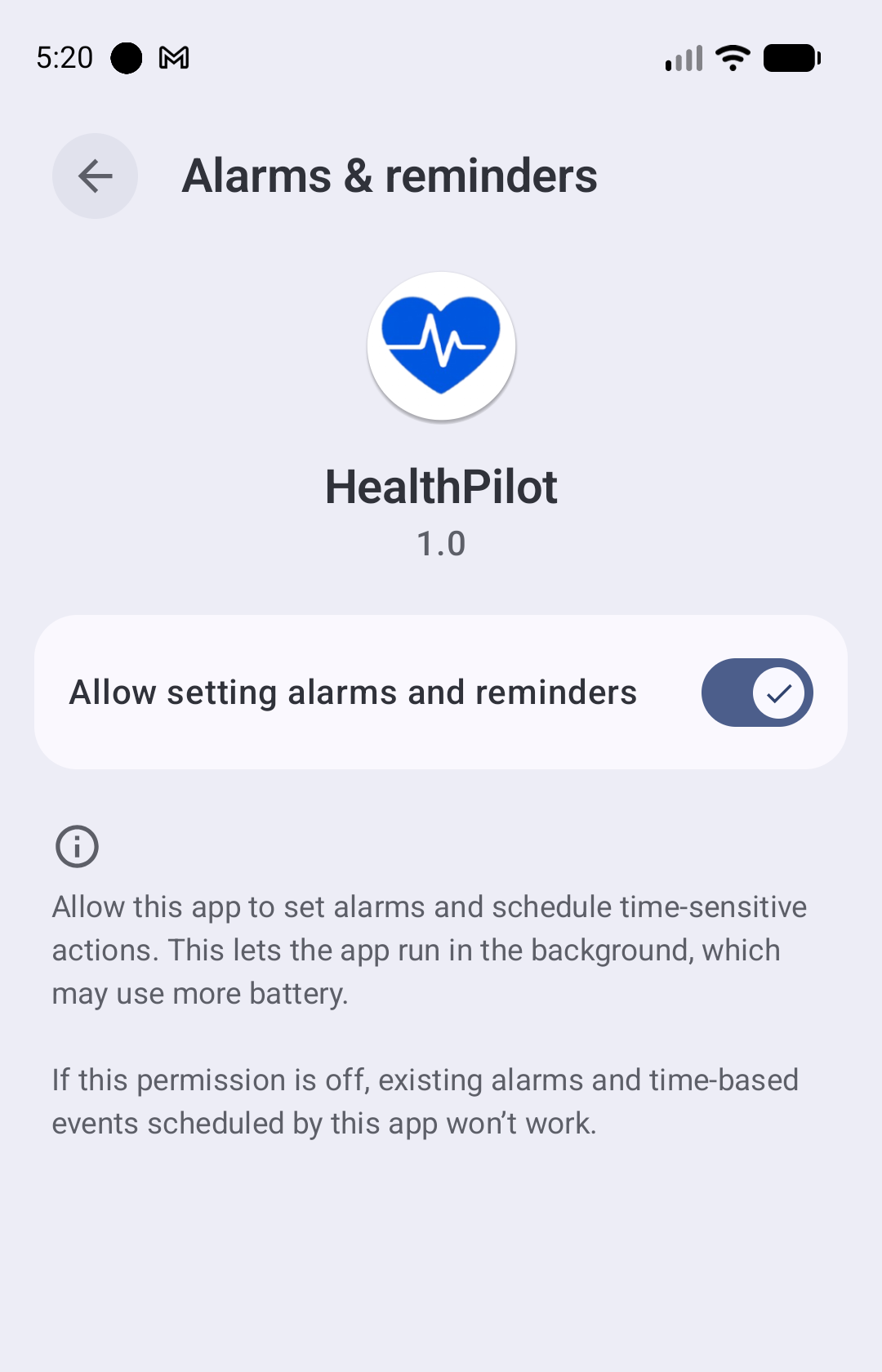 Android Alarms & reminders screen for HealthPilot with the toggle turned on