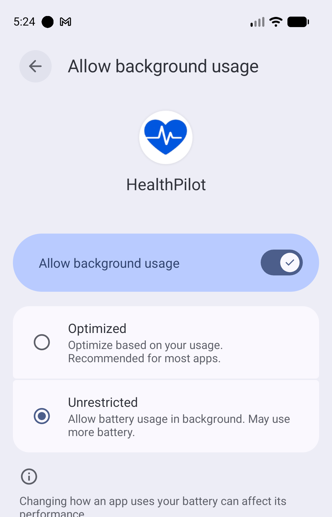 Android battery usage screen for HealthPilot set to Unrestricted